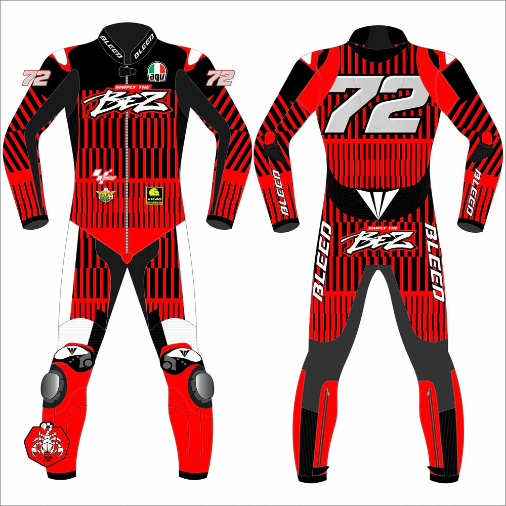 2025 Marco Bezzecchi Aprilia Barcelona Winter Test MotoGP leather race suit in red and black with Simply The BEZ logo and CE Level 2 armor, front view