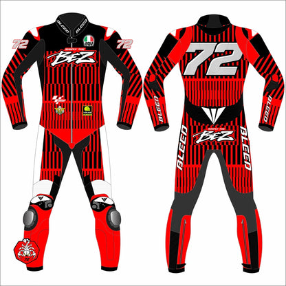 2025 Marco Bezzecchi Aprilia Barcelona Winter Test MotoGP leather race suit in red and black with Simply The BEZ logo and CE Level 2 armor, front view
