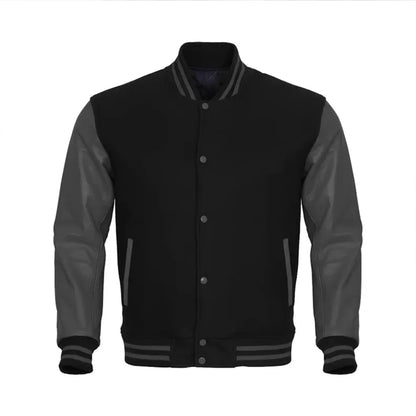 Mens Black Grey Varsity Jacket Letterman  – Baseball Style