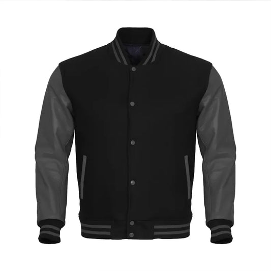 Mens Black Grey Varsity Jacket Letterman  – Baseball Style