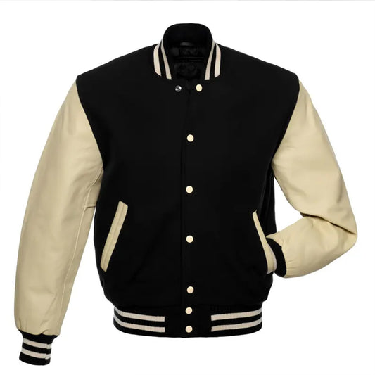 Mens Varsity Letterman Black Body Beige leather Sleeves Baseball Jacket Team Varsity Jacket