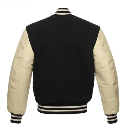 Mens Varsity Letterman Black Body Beige leather Sleeves Baseball Jacket Team Varsity Jacket