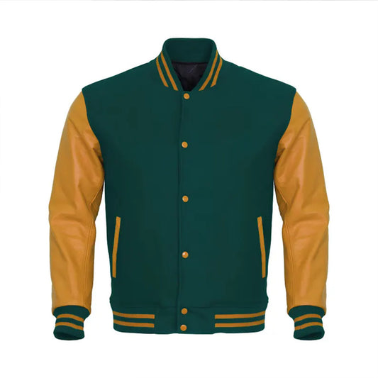 Mens Varsity Letterman Green Body Mustard Yellow leather Sleeves Baseball Jacket Team Varsity Jacket