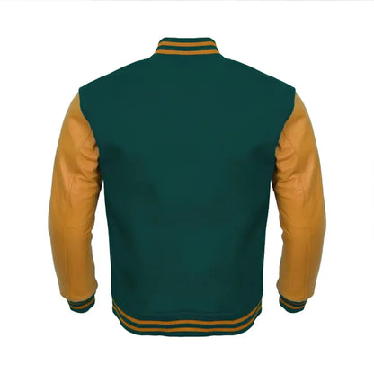 Mens Varsity Letterman Green Body Mustard Yellow leather Sleeves Baseball Jacket Team Varsity Jacket