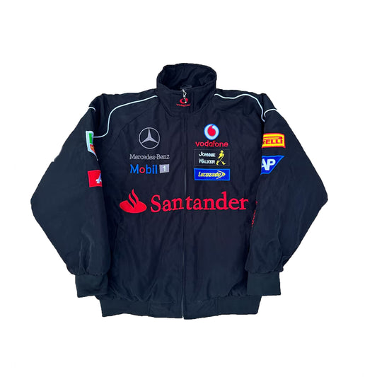 Vintage Mercedes Benz Vodafone Santander Racing Jacket by Progression Race Wear – retro Formula 1 jacket with premium embroidered details.