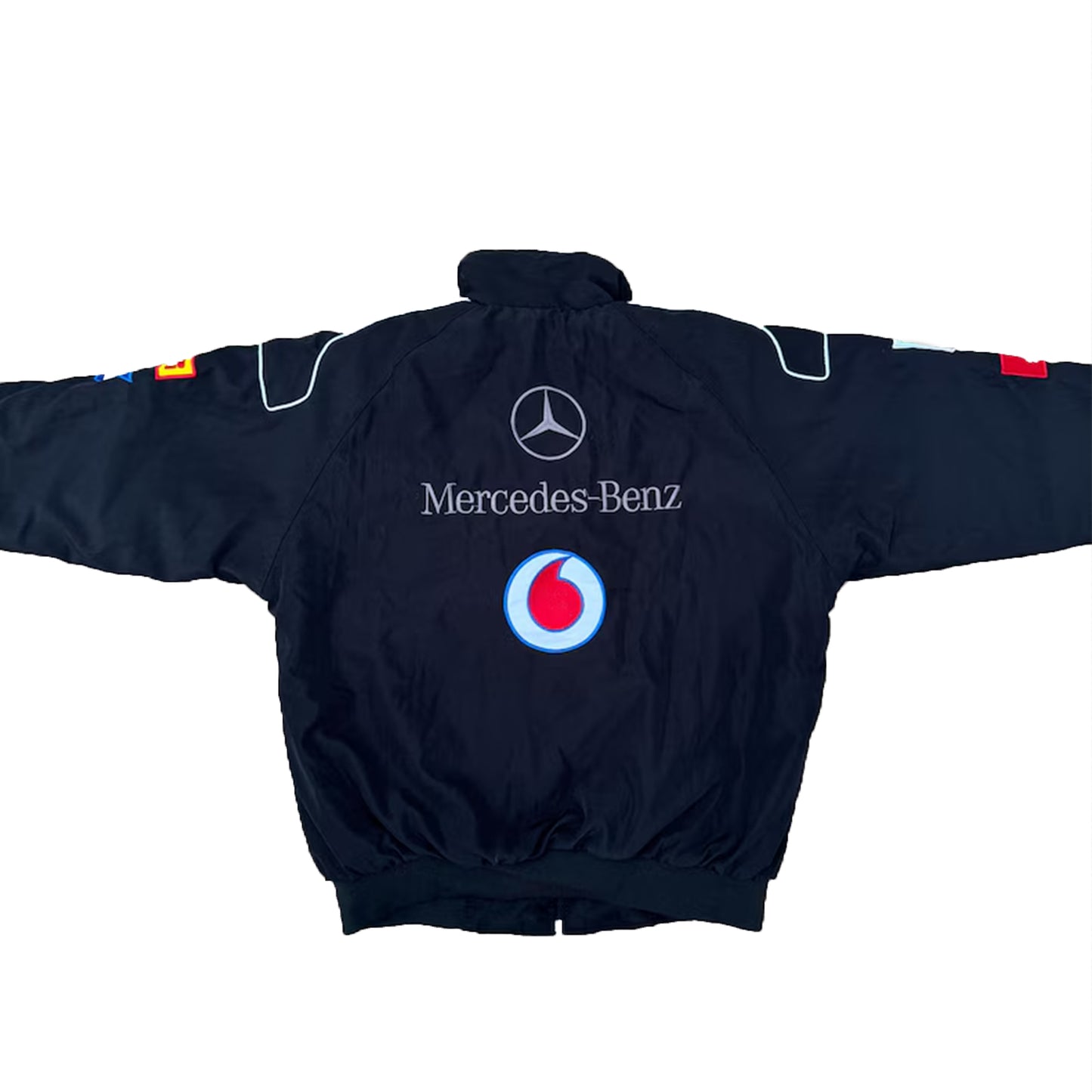 Vintage Mercedes Benz Vodafone Santander Racing Jacket by Progression Race Wear – retro Formula 1 jacket with premium embroidered details.