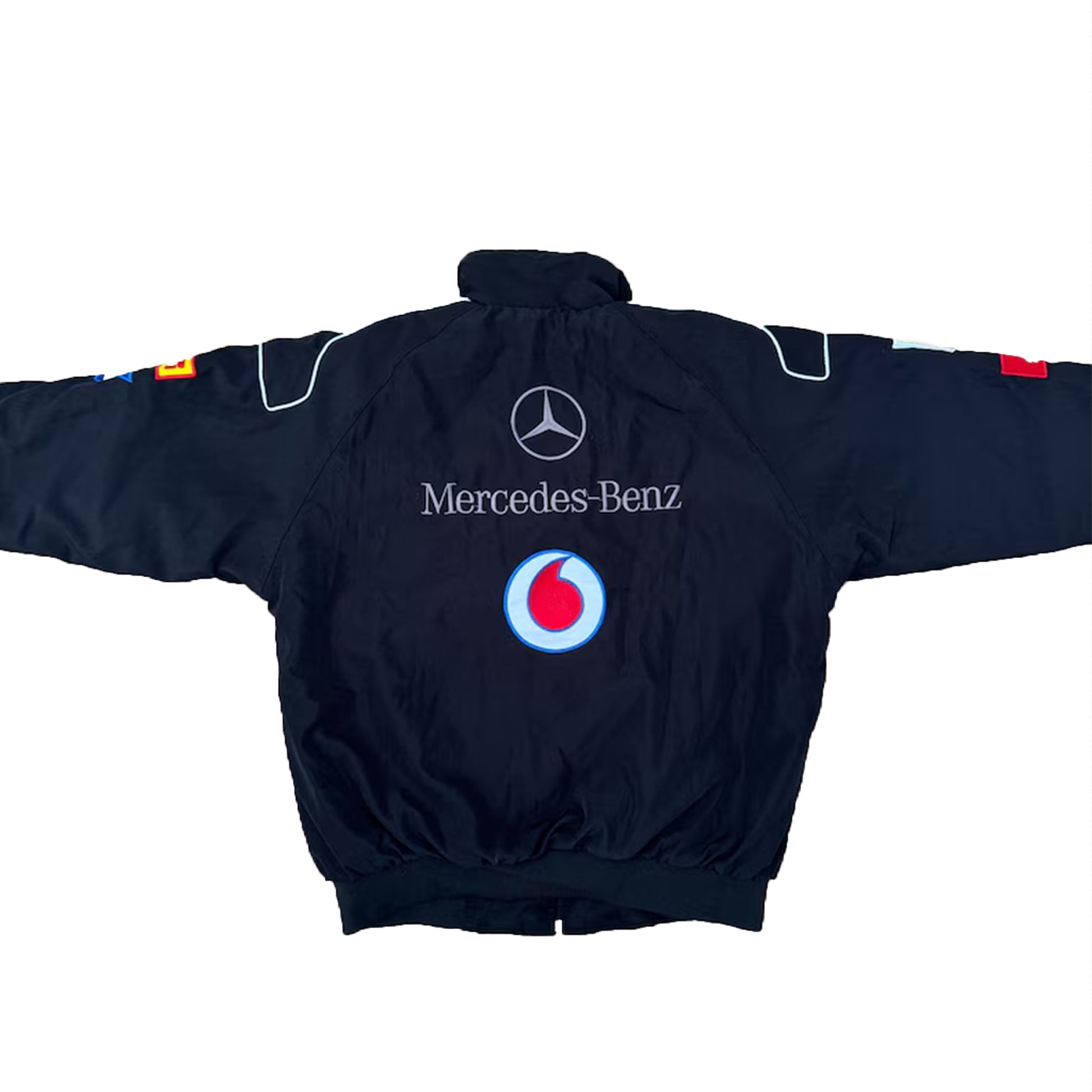 Vintage Mercedes Benz Vodafone Santander Racing Jacket by Progression Race Wear – retro Formula 1 jacket with premium embroidered details.