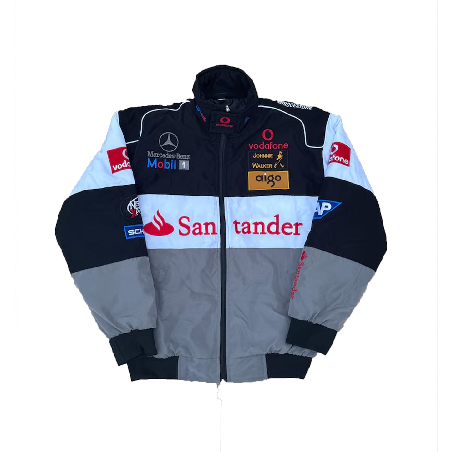 Vintage Mercedes Vodafone F1 Racing Jacket by Progression Race Wear – classic Formula 1 retro jacket with embroidered team details.