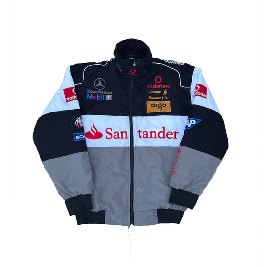 Vintage Mercedes Vodafone F1 Racing Jacket by Progression Race Wear – classic Formula 1 retro jacket with embroidered team details.