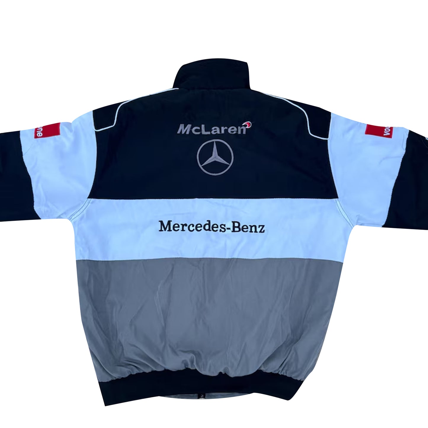 Vintage Mercedes Vodafone F1 Racing Jacket by Progression Race Wear – classic Formula 1 retro jacket with embroidered team details.