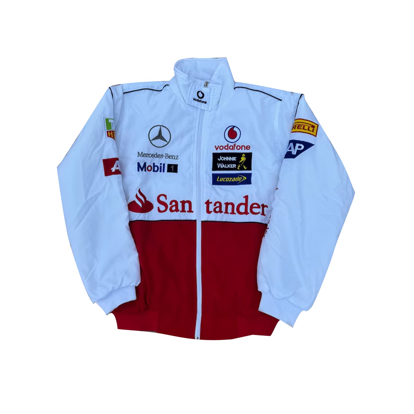 Vintage Mercedes Vodafone F1 Racing Jacket by Progression Race Wear – classic Formula 1 retro jacket with embroidered team details.