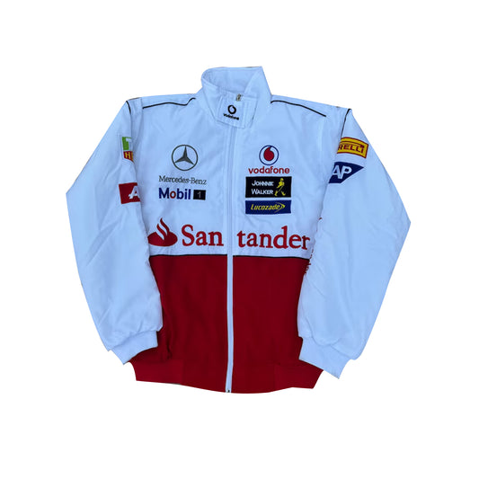 Vintage Mercedes Vodafone F1 Racing Jacket by Progression Race Wear – classic Formula 1 retro jacket with embroidered team details.