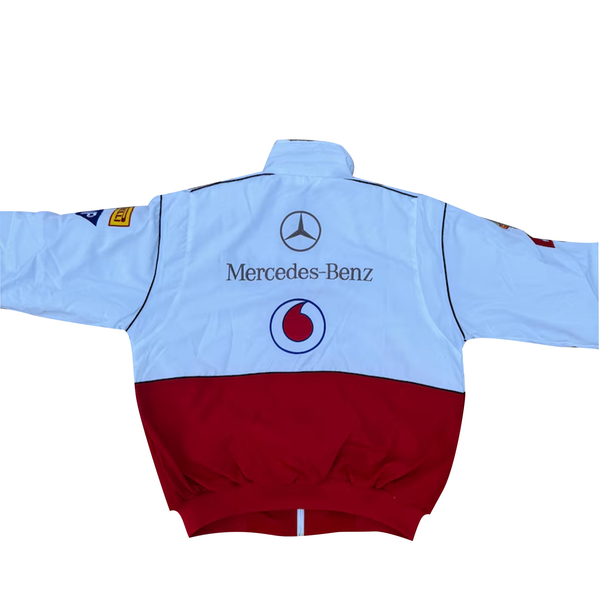 Vintage Mercedes Vodafone F1 Racing Jacket by Progression Race Wear – classic Formula 1 retro jacket with embroidered team details.