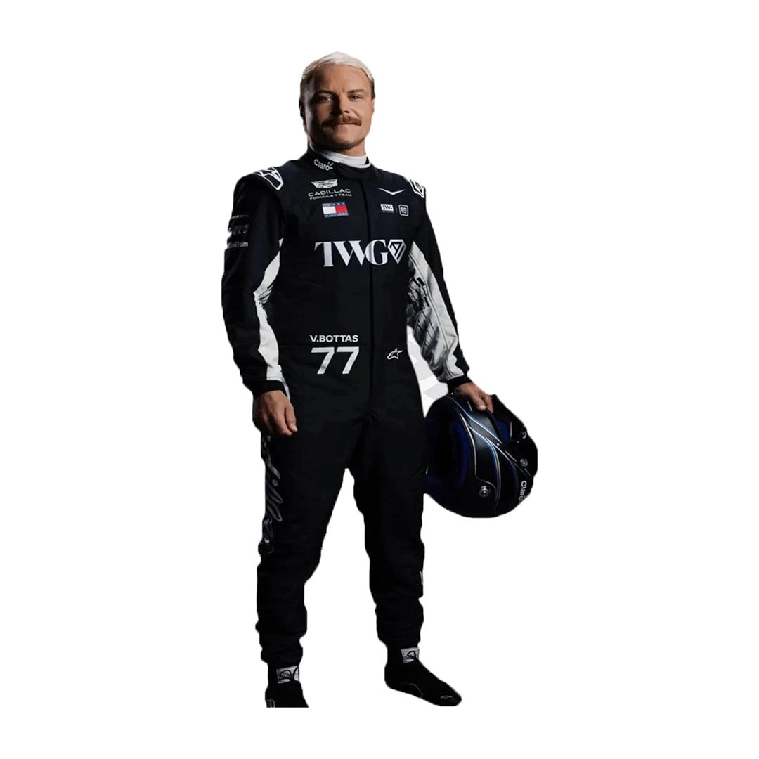 2026 Valtteri Bottas F1 Race Suit in black and white Cadillac inspired livery front view holding helmet