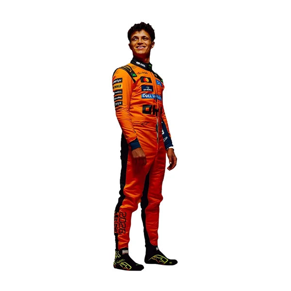 Lando Norris 2026 F1 Race Suit Set featuring papaya orange and black race suit with 2026 leg print, black and orange racing gloves, and low-profile driving shoes