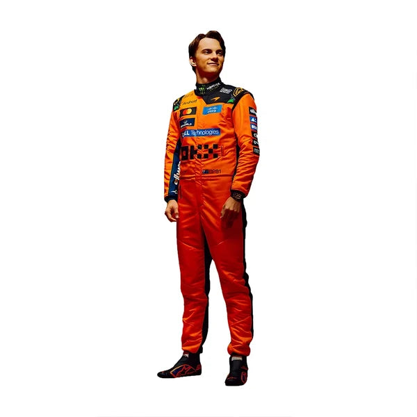 2026 Oscar Piastri F1 Race Suit Set featuring papaya orange and black race suit, black and orange racing gloves, and low-profile driving shoes