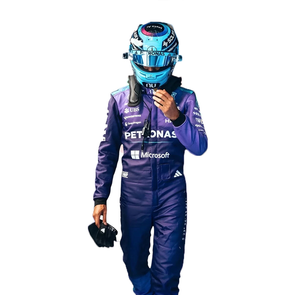 2026 George Russell Purple Mercedes F1 Race Suit featuring deep violet paneling, teal accents, and driver helmet