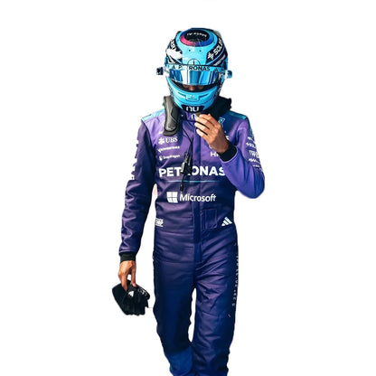 2026 George Russell Purple Mercedes F1 Race Suit featuring deep violet paneling, teal accents, and driver helmet