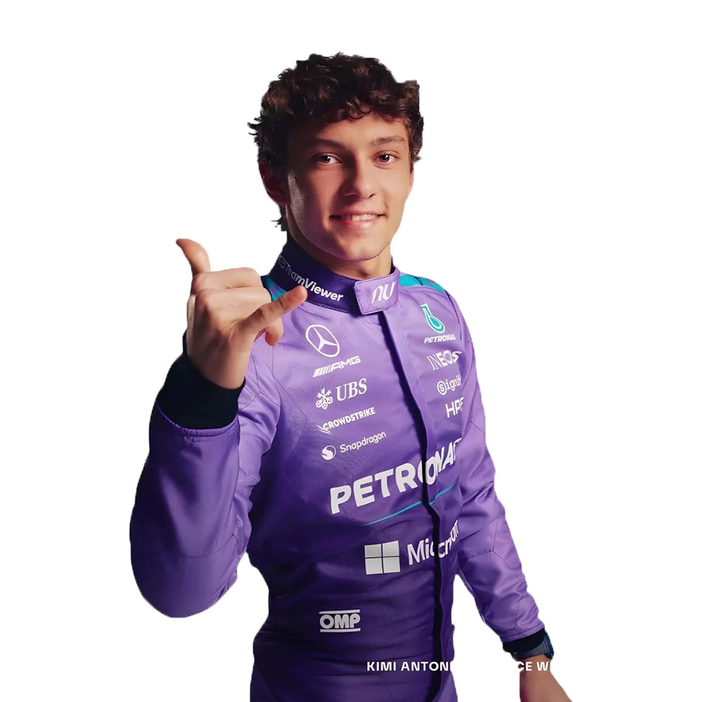 2026 Kimi Antonelli Miami GP Mercedes F1 Race Suit in purple with teal hexagonal side panel pattern