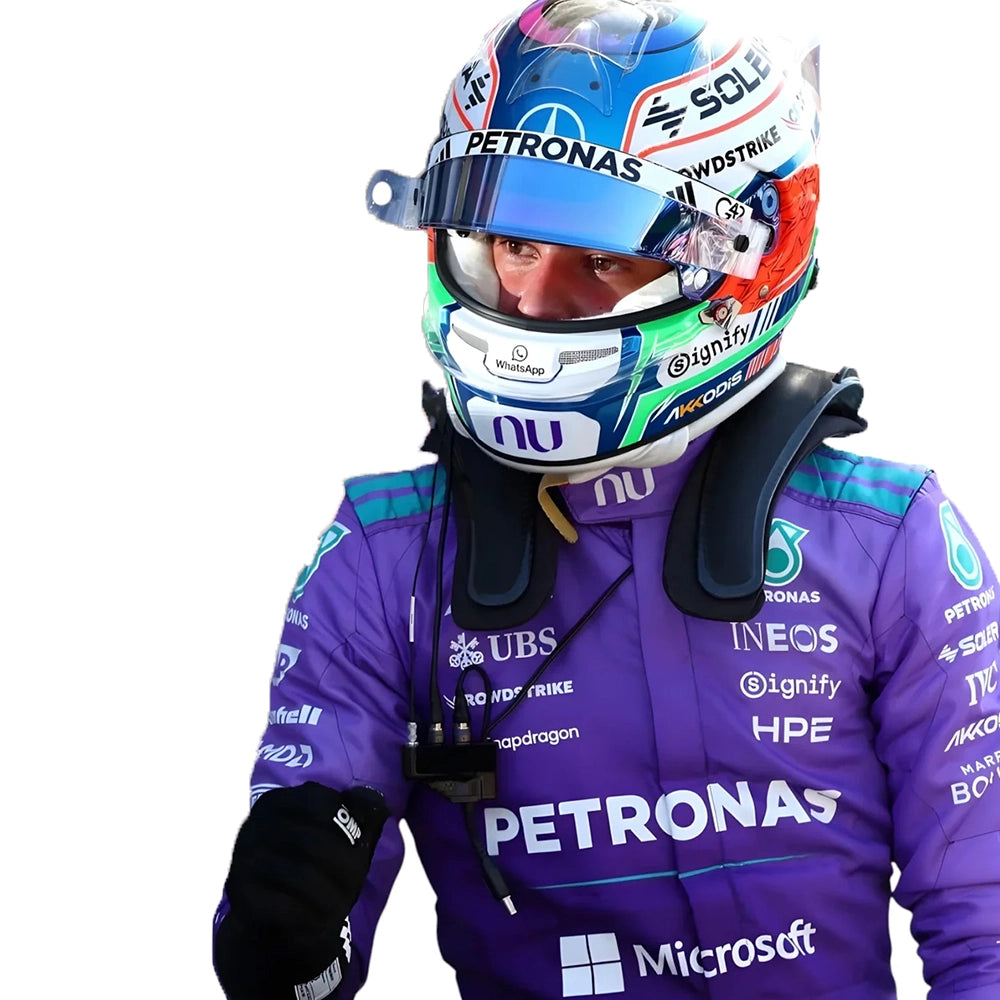 2026 Kimi Antonelli Miami GP Mercedes F1 Race Suit in purple with teal hexagonal side panel pattern
