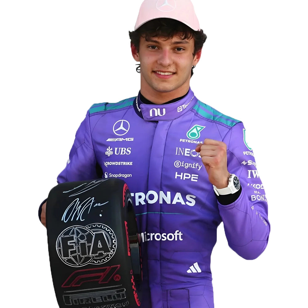 2026 Kimi Antonelli Miami GP Mercedes F1 Race Suit in purple with teal hexagonal side panel pattern