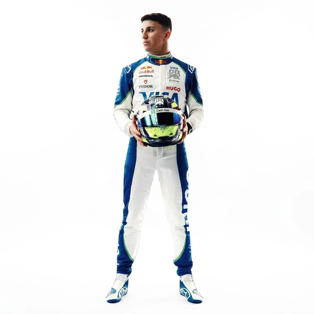 2025 Isack Hadjar F1 Race Suit in white and metallic blue VCARB livery front view holding helmet