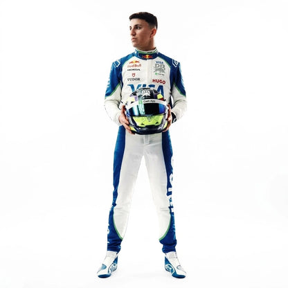 2025 Isack Hadjar F1 Race Suit in white and metallic blue VCARB livery front view holding helmet
