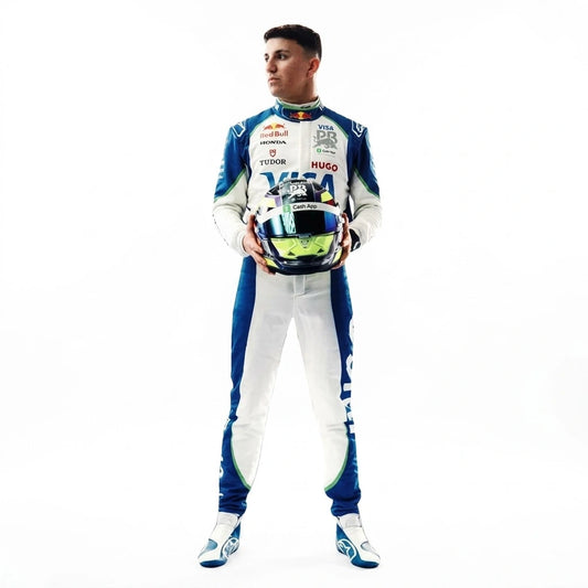 2025 Isack Hadjar F1 Race Suit in white and metallic blue VCARB livery front view holding helmet