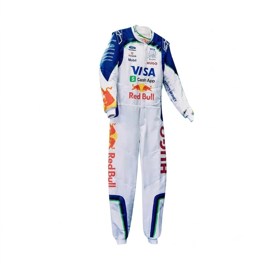 2026 Liam Lawson F1 Racing Suit in white and metallic blue VCARB inspired livery front view