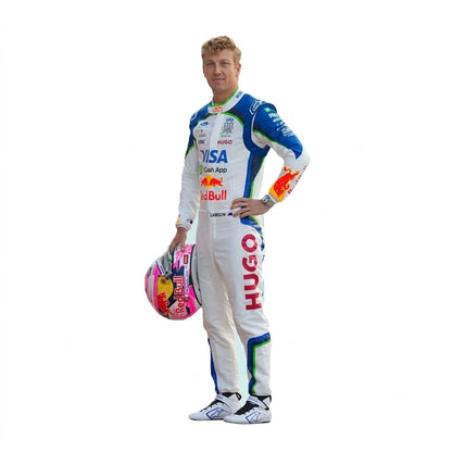 Visa Cash App RB style karting suit with Liam Lawson driver tribute details