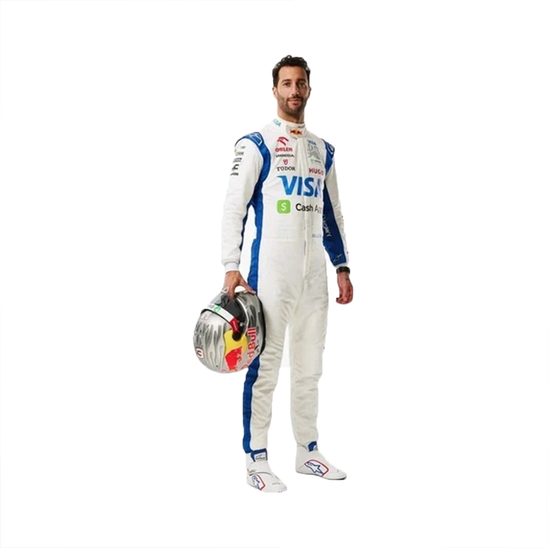 2024 Daniel Ricciardo F1 Race Suit in white and metallic blue VCARB inspired livery front view holding helmet