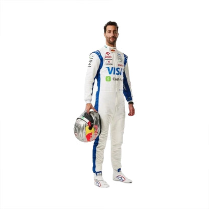 2024 Daniel Ricciardo F1 Race Suit in white and metallic blue VCARB inspired livery front view holding helmet