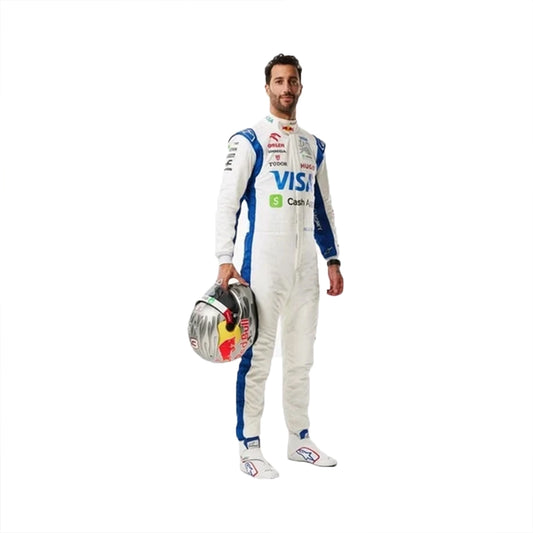 2024 Daniel Ricciardo F1 Race Suit in white and metallic blue VCARB inspired livery front view holding helmet
