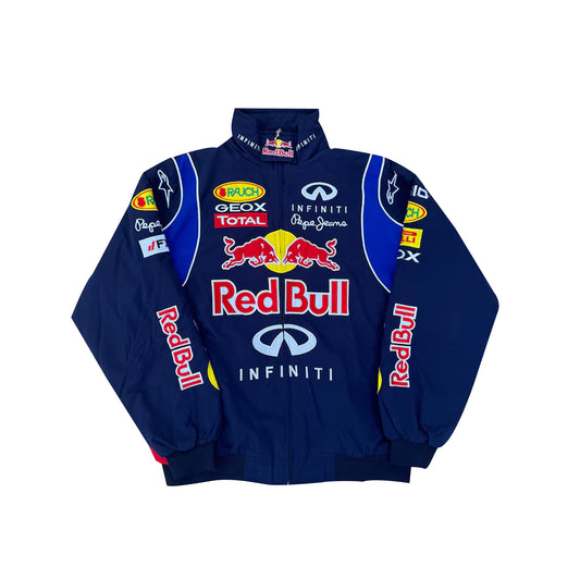 Vintage Red Bull F1 Infiniti Racing Jacket by Progression Race Wear – classic retro Formula 1 jacket with embroidered Red Bull Infiniti details.