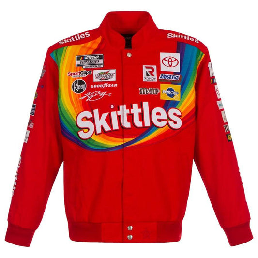 Authentic JH Design Kyle Busch Skittles Red Full-Snap Twill Uniform Jacket by Progression Race Wear – limited edition NASCAR racing jacket.