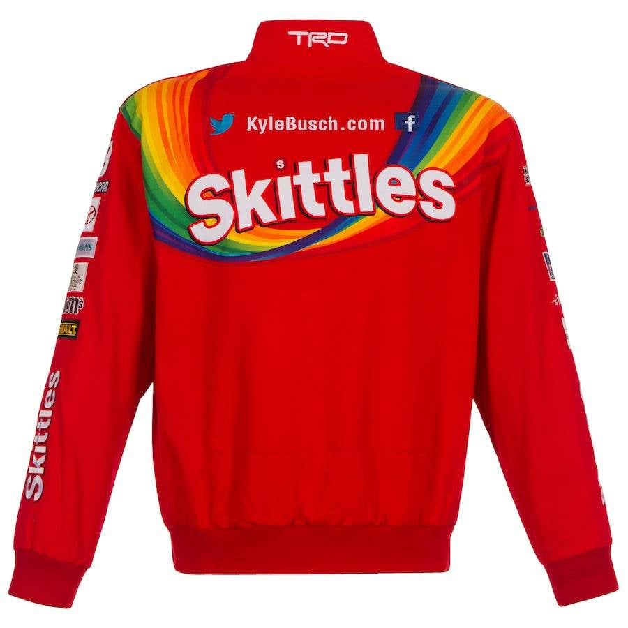 Authentic JH Design Kyle Busch Skittles Red Full-Snap Twill Uniform Jacket by Progression Race Wear – limited edition NASCAR racing jacket.