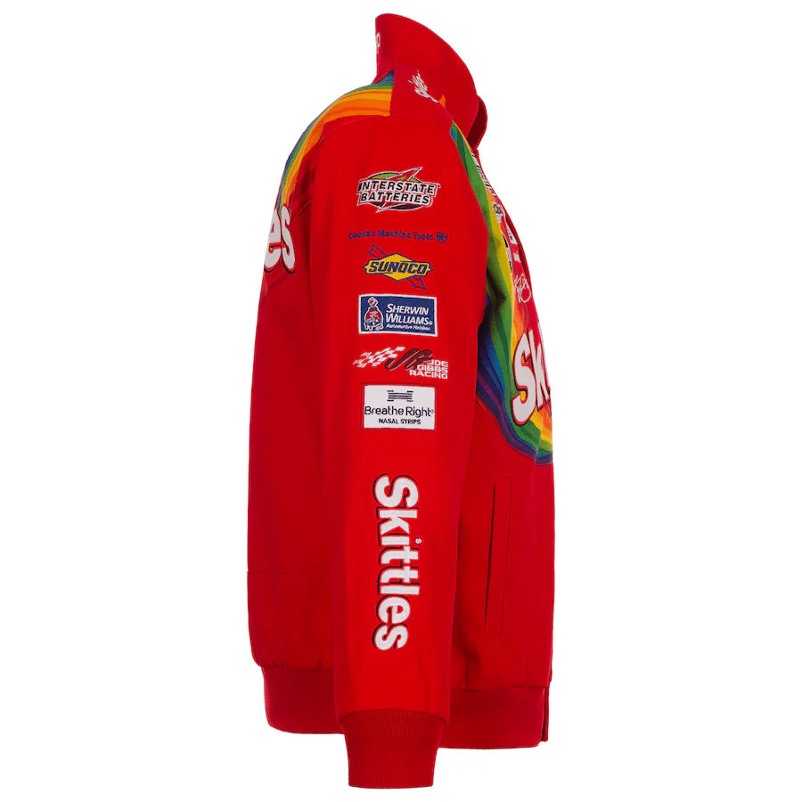 Authentic JH Design Kyle Busch Skittles Red Full-Snap Twill Uniform Jacket by Progression Race Wear – limited edition NASCAR racing jacket.