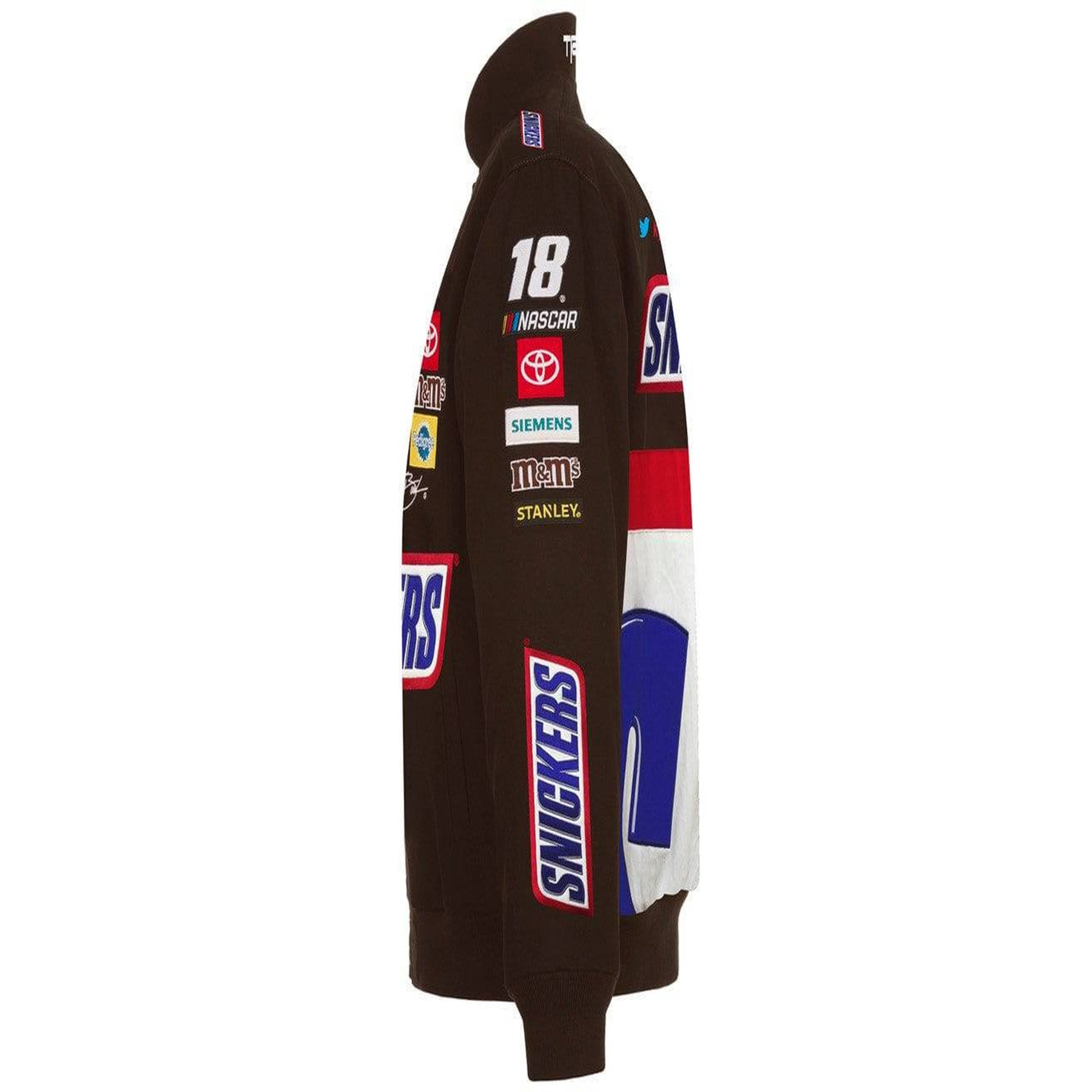 Kyle Busch Brown Snickers Full-Snap Twill Uniform Jacket by Progression Race Wear – limited edition JH Design NASCAR racing jacket with embroidered Snickers logos.
