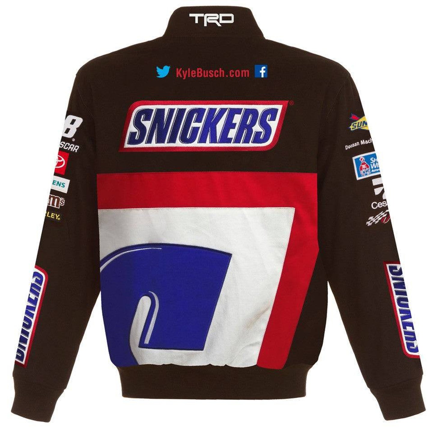 Kyle Busch Brown Snickers Full-Snap Twill Uniform Jacket by Progression Race Wear – limited edition JH Design NASCAR racing jacket with embroidered Snickers logos.