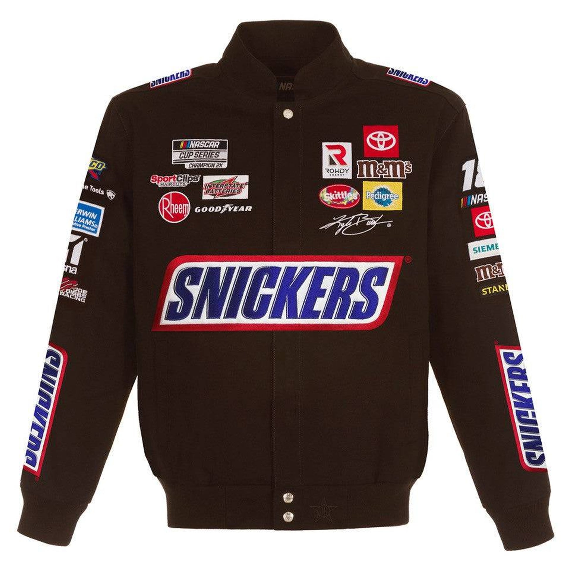 Kyle Busch Brown Snickers Full-Snap Twill Uniform Jacket by Progression Race Wear – limited edition JH Design NASCAR racing jacket with embroidered Snickers logos.