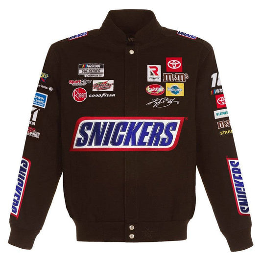 Kyle Busch Brown Snickers Full-Snap Twill Uniform Jacket by Progression Race Wear – limited edition JH Design NASCAR racing jacket with embroidered Snickers logos.