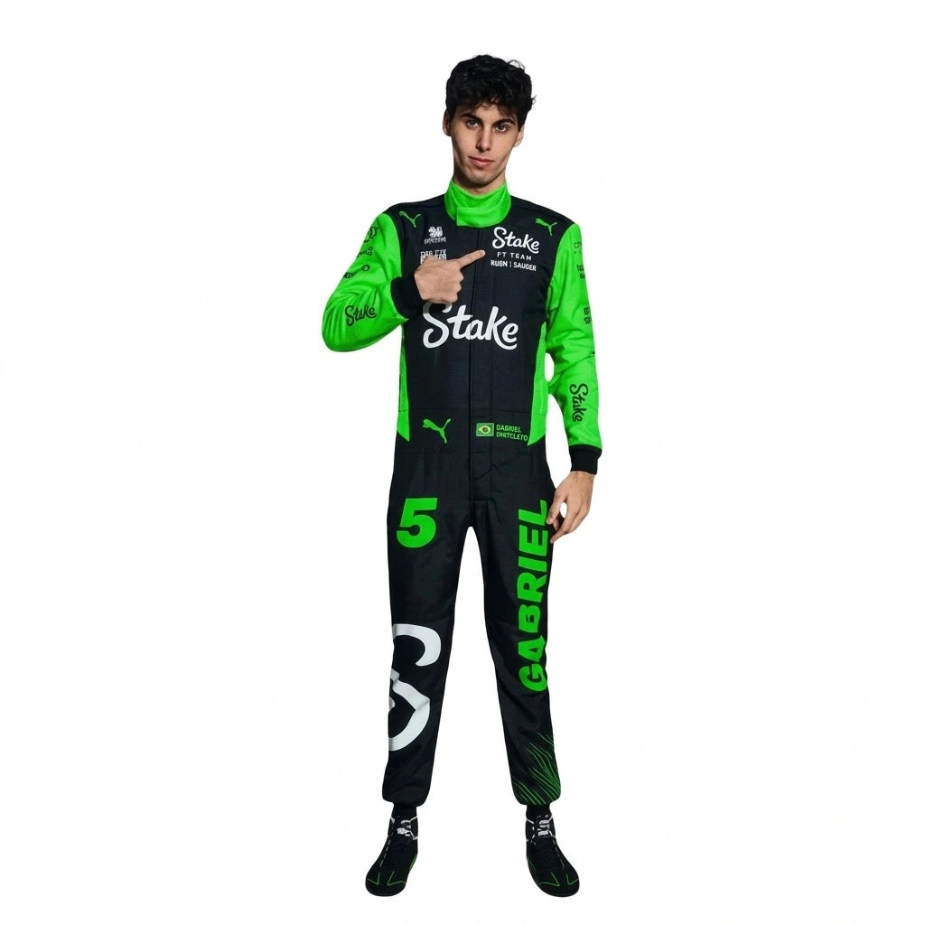 2025 Gabriel Bortoleto Stake F1 Race Suit in neon green and black livery front view