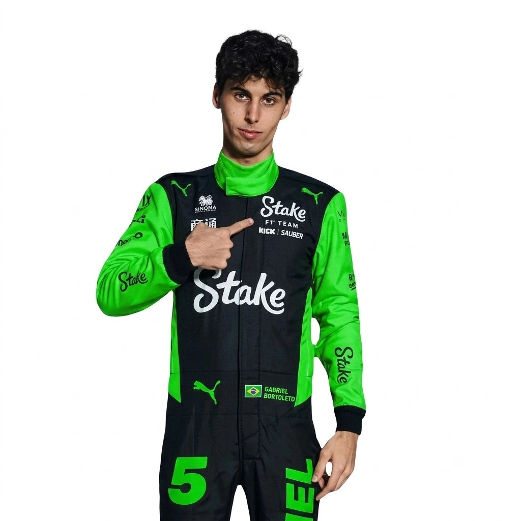 2025 Gabriel Bortoleto Stake F1 Race Suit in neon green and black livery front view