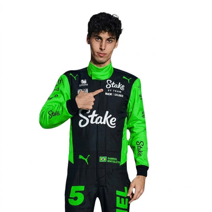 2025 Gabriel Bortoleto Stake F1 Race Suit in neon green and black livery front view
