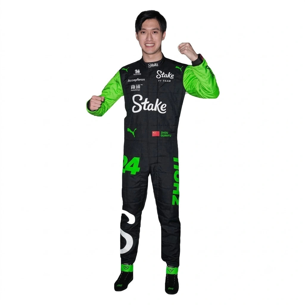 2024 Zhou Guanyu F1 Race Suit Stake F1 Team in neon green and black livery front view