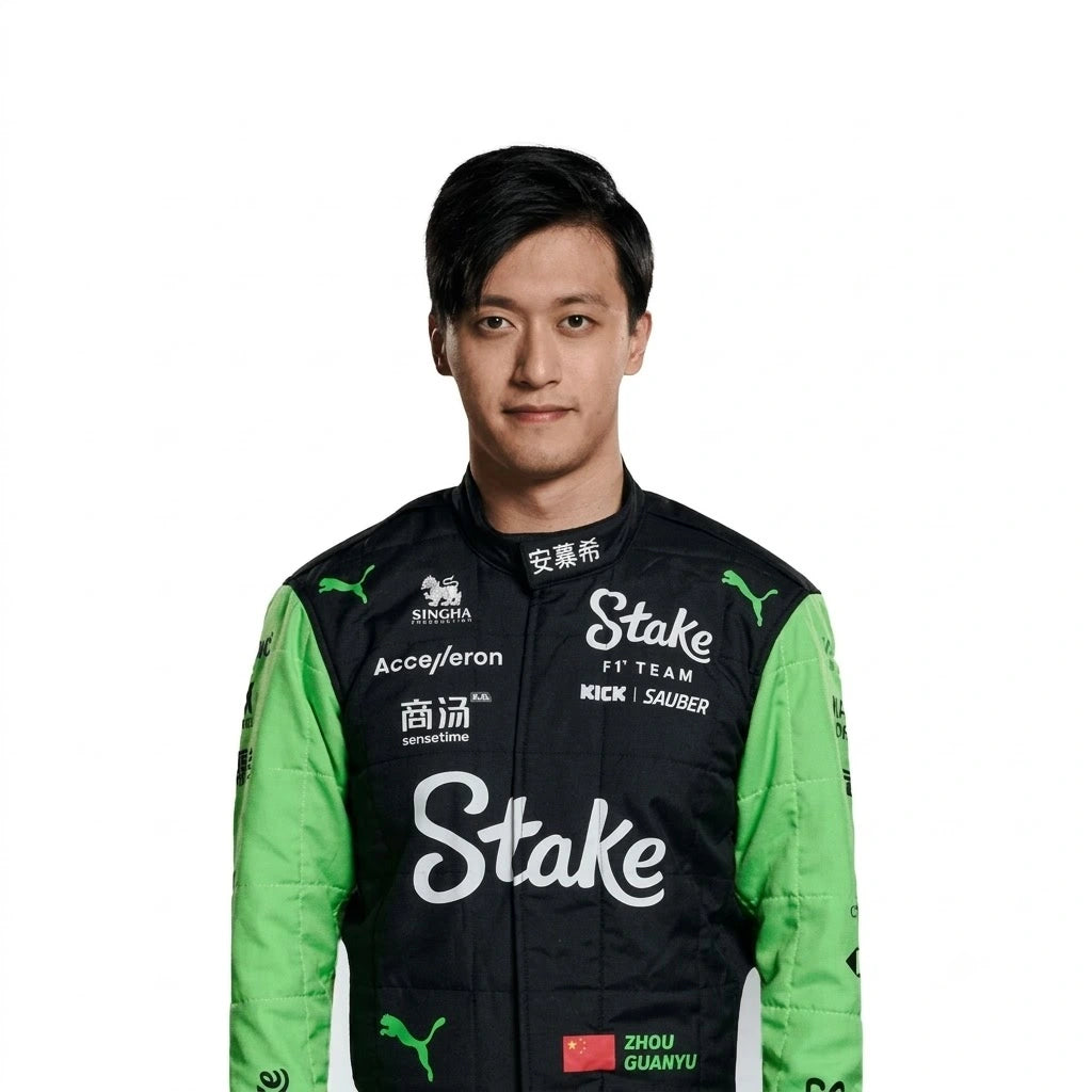 2024 Zhou Guanyu F1 Race Suit Stake F1 Team in neon green and black livery front view