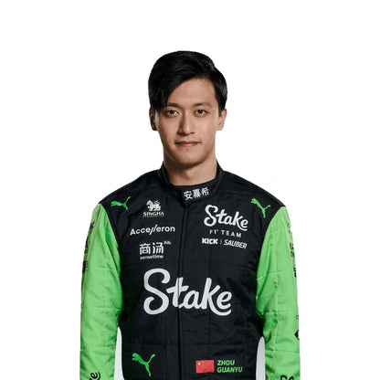 2024 Zhou Guanyu F1 Race Suit Stake F1 Team in neon green and black livery front view