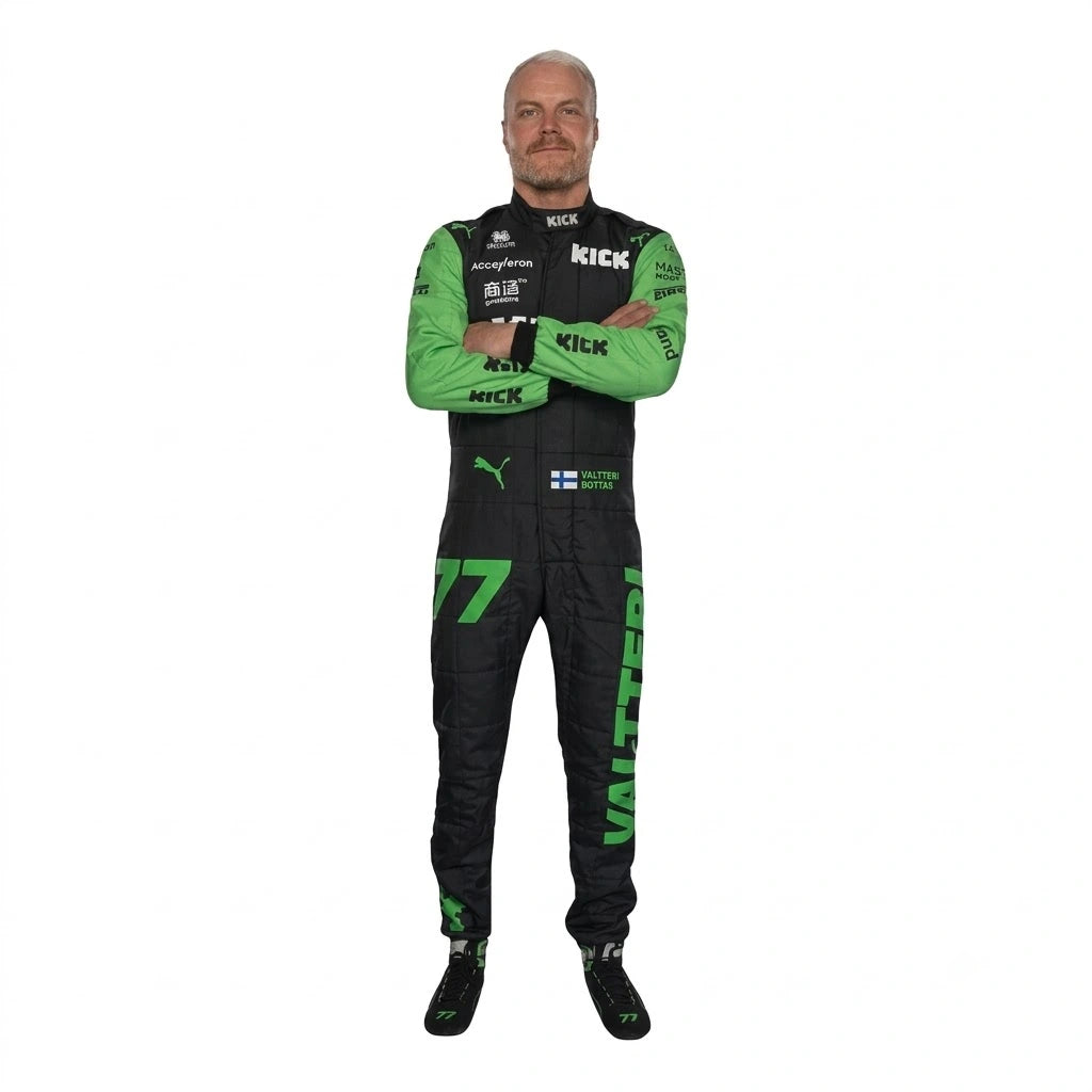 2024 Valtteri Bottas F1 Race Suit Stake F1 in neon green and black livery front view