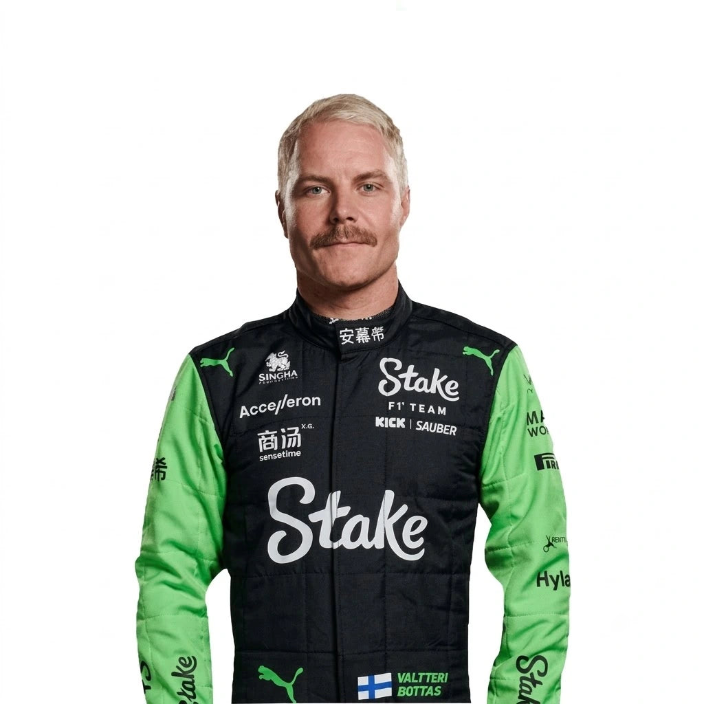 2024 Valtteri Bottas F1 Race Suit Stake F1 in neon green and black livery front view