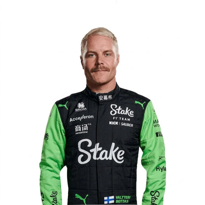 2024 Valtteri Bottas F1 Race Suit Stake F1 in neon green and black livery front view